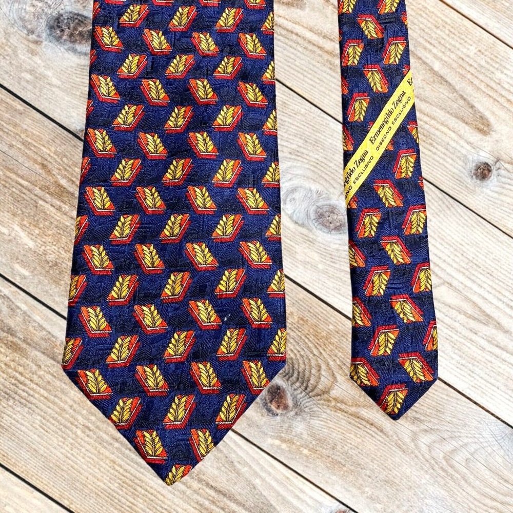 Ermenegildo Zegna Fine Silk Tie Blue Red Gold Leaf Geometric Italy Designer Mens